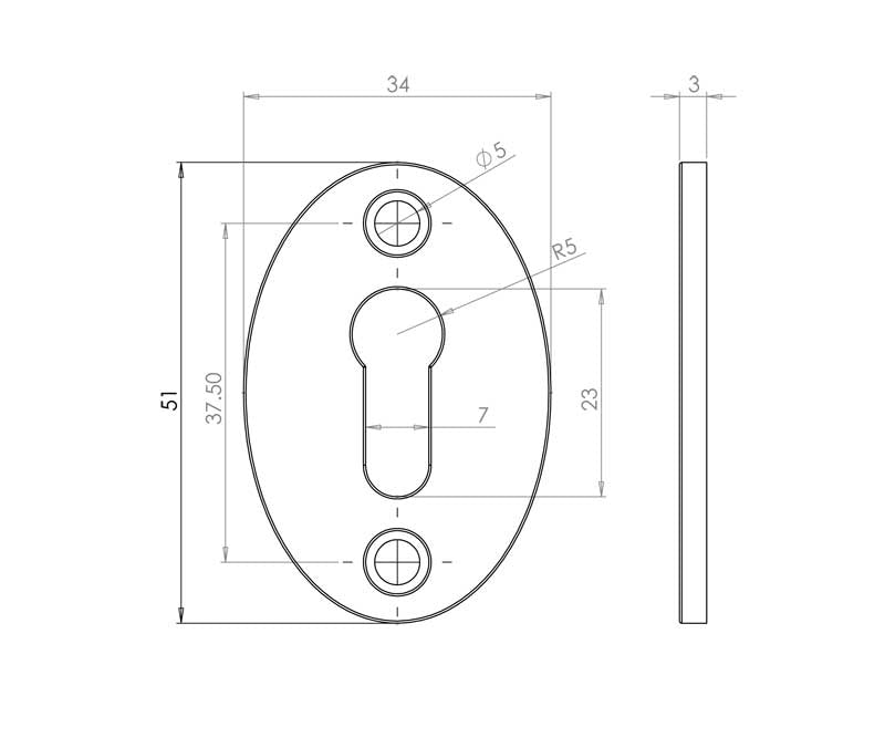 Technical drawing of of Frelan - Antique Oval Escutcheon 50mm Black Sku. JAB75