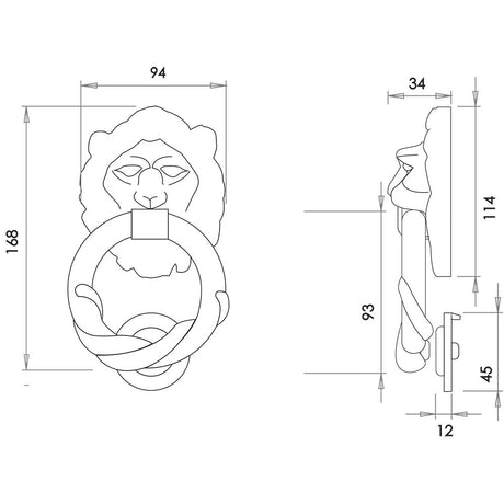Technical drawing of of Frelan - Lion Head Door Knocker Sku. JAB8