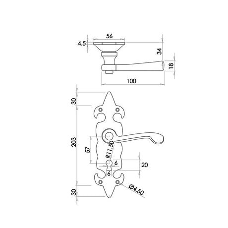 Technical drawing of of Frelan - Fleur De Lys Suite Door Handle on lockplate Black Sku. JAB83