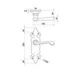 Technical drawing of of Frelan - Fleur De Lys Suite Door Handle on Latchplate Black Sku. JAB84