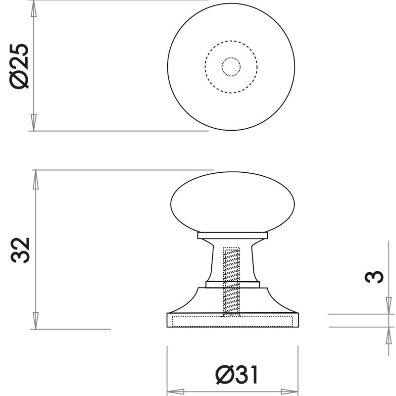 Technical drawing of of Frelan - Round Cupboard Knob 25mm Black Sku. JAB85