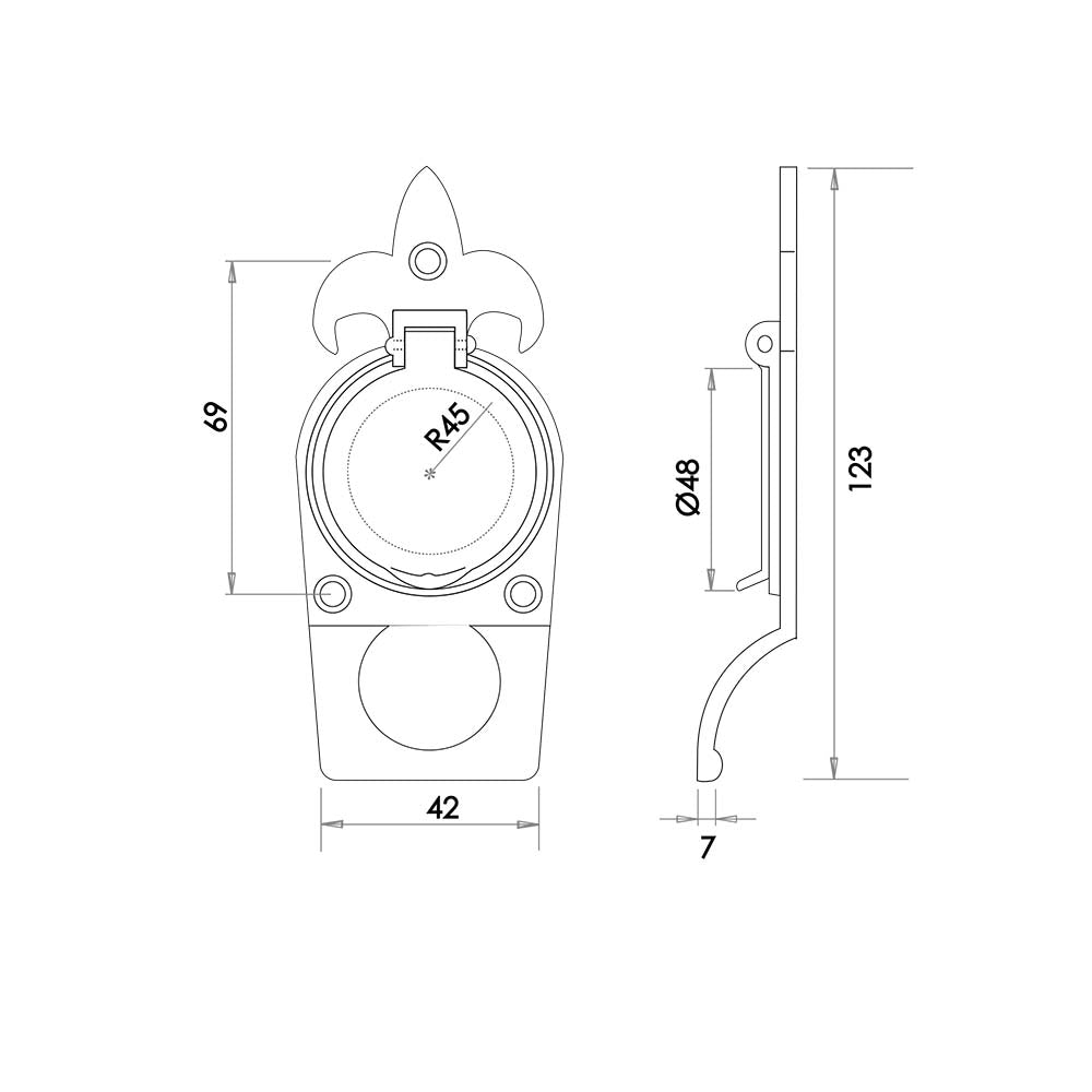 Technical drawing of of Frelan - Antique Fleur De Lys Cylinder Pull 123mm Black Sku. JAB9