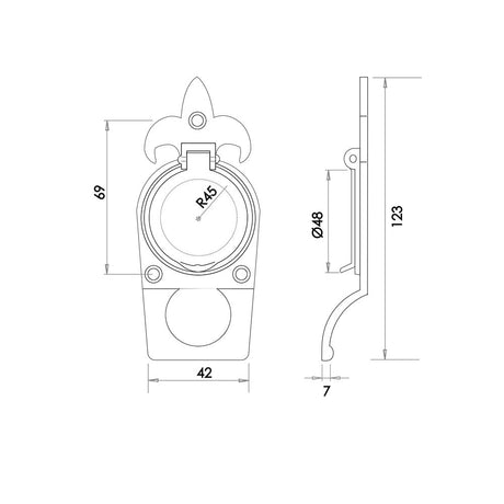 Technical drawing of of Frelan - Antique Fleur De Lys Cylinder Pull 123mm Black Sku. JAB9