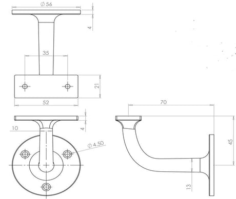 Technical drawing of of Frelan - Antique Hand Rail Brackets 63mm Black Sku. JAB91