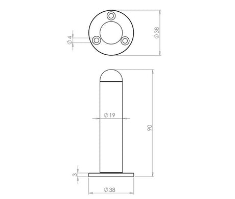 Technical drawing of of Frelan - Antique Wall Mounted Doorstops 90mm Black Sku. JAB9551