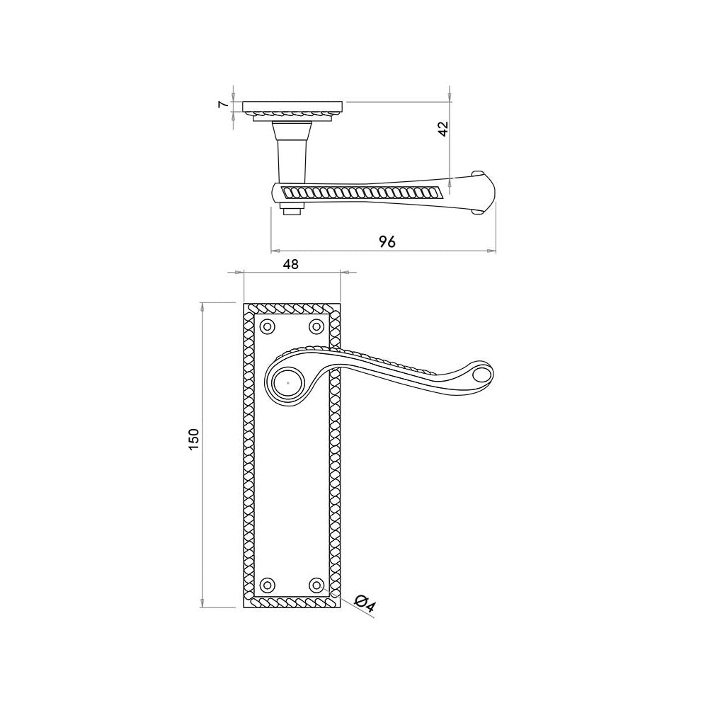 Technical drawing of of Frelan - Georgian Suite Door Handle on Long Latchset Plate Polished Brass Sku. JG1APB