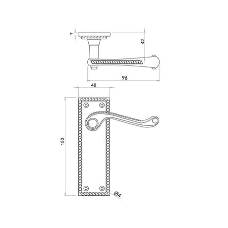 Technical drawing of of Frelan - Georgian Suite Door Handle on Long Latchset Plate Polished Brass Sku. JG1APB