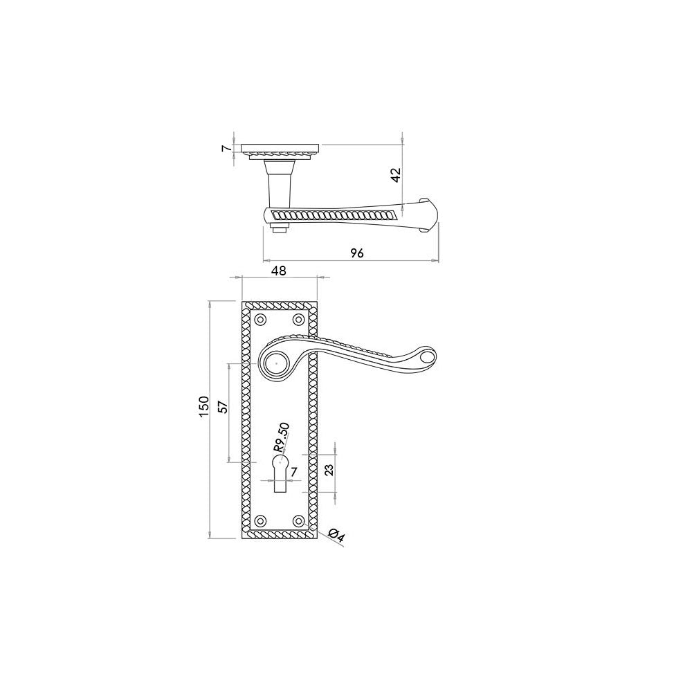 Technical drawing of of Frelan - Georgian Suite Door Handle on Lockplate Polished Brass Sku. JG1PB