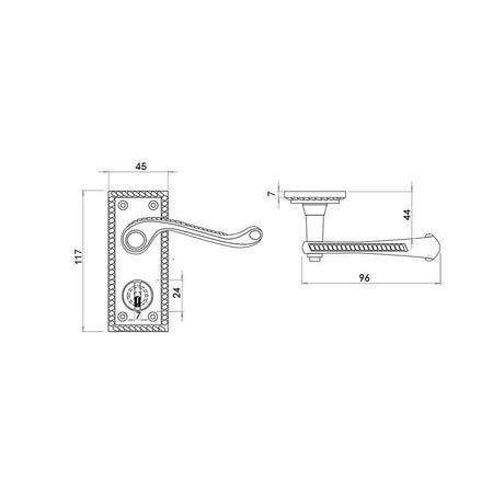 Technical drawing of of Frelan - Georgian Suite Door Handle on Privacy Plate Polished Brass Sku. JG2PRPB