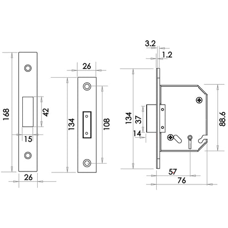 Technical drawing of of Frelan - Jedo 3 Lever Deadlocks 76mm Polished Chrome Sku. JL1093PC