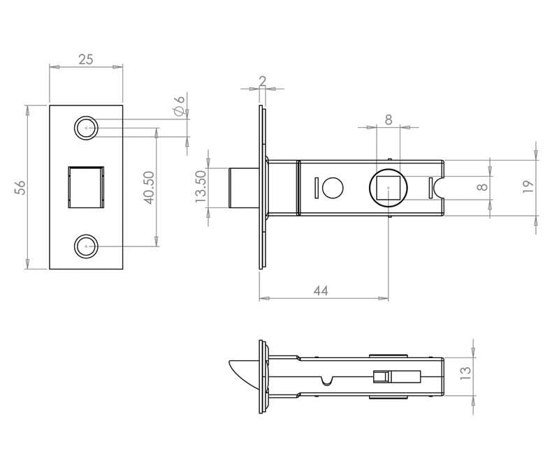 Technical drawing of of Frelan - Jedo Kontrax Tubular Latches 64mm Electro Brassed Sku. JL122EB