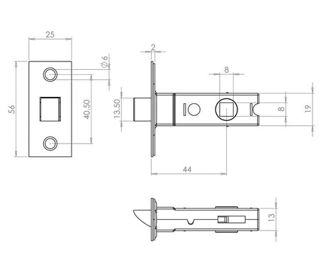 Technical drawing of of Frelan - Jedo Kontrax Tubular Latches 64mm Electro Brassed Sku. JL122EB