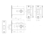 Technical drawing of of Frelan - Jedo Box Deadbolts 76mm with 5mm Spindle Satin Stainless Steel Sku. JL191SSS