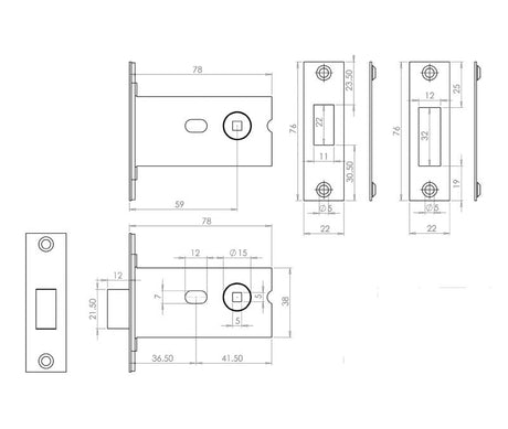 Technical drawing of of Frelan - Jedo Box Deadbolts 76mm with 5mm Spindle Satin Stainless Steel Sku. JL191SSS