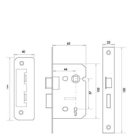 Technical drawing of of Frelan - Jedo Kontrax 2 Lever Sashlocks with Square Forend & Radiused Strike Plate 65mm Satin Nickel Sku. JL470SN