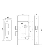 Technical drawing of of Frelan - Jedo Kontrax 2 Lever Sashlocks with Square Forend & Radiused Strike Plate 65mm Black Sku. JL470BL