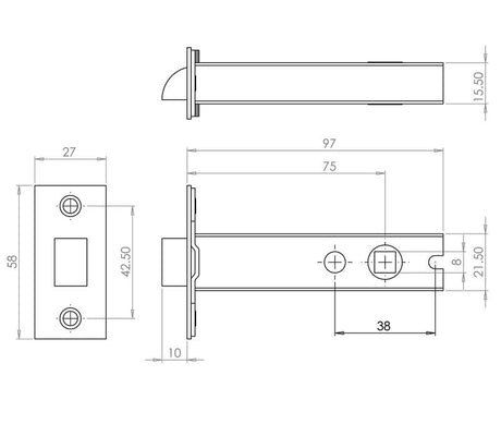 Technical drawing of of Frelan - Jedo Double Sprung Tubular Latches 96mm Polished Brass / Satin Chrome Sku. JL6666S-100