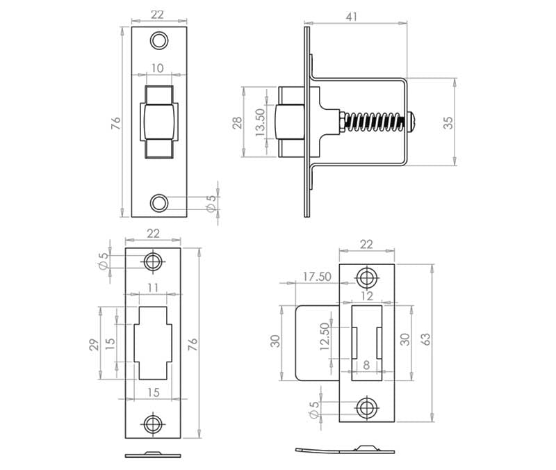 Technical drawing of of Frelan - Jedo Rollerbolt Catch 41mm Satin Stainless Steel Sku. JL8091SS