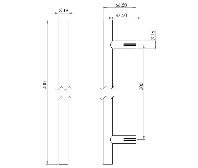 Technical drawing of of Frelan - Nero Guardsman Pull Handles 400x19mm Bolt Through Black Sku. JMB219B