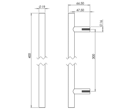 Technical drawing of of Frelan - Nero Guardsman Pull Handles 400x19mm Bolt Through Black Sku. JMB219B