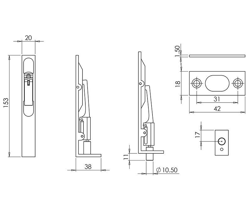 Technical drawing of of Frelan - Stainless Steel Flush Bolts JMB50 Black 150mm x 20mm Square Forend Sku. JMB50