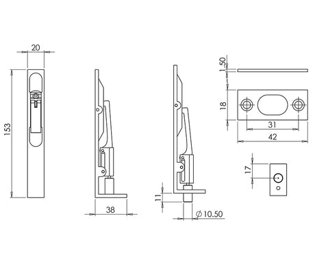 Technical drawing of of Frelan - Stainless Steel Flush Bolts JMB50 Black 150mm x 20mm Square Forend Sku. JMB50