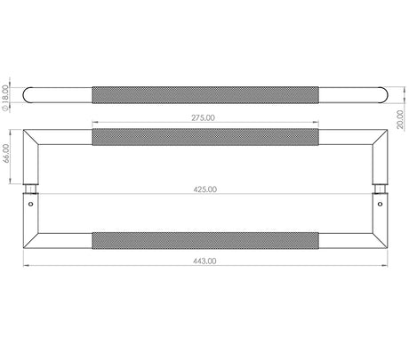 Technical drawing of of Frelan - Nero Mitred Knurled Pull handles B/B Fixing 425x19mm Black Sku. JMB9