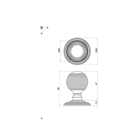 Technical drawing of of Frelan - Jedo Reeded Mortice Door Knobs 62mm Satin Nickel Sku. JR8MSN