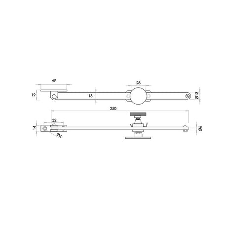 Technical drawing of of Frelan - Jedo Sliding Screw Down Casement Stays 250mm Polished Brass Sku. JV150PB