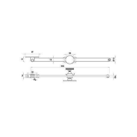 Technical drawing of of Frelan - Jedo Sliding Screw Down Casement Stays 305mm Polished Brass Sku. JV151PB