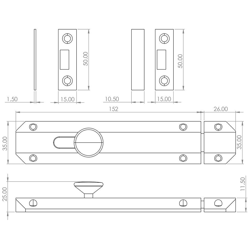 Technical drawing of of Frelan - Jedo Architectural Slide Door Bolts 150x35mm Satin Nickel Sku. JV168SN