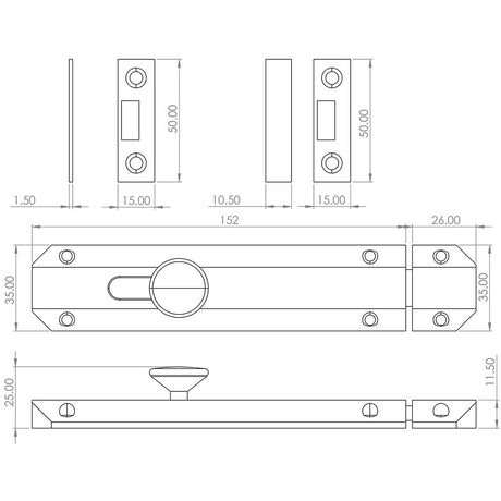 Technical drawing of of Frelan - Jedo Architectural Slide Door Bolts 150x35mm Satin Brass Sku. JV168SB