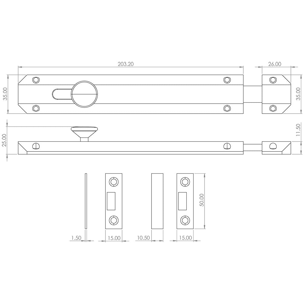 Technical drawing of of Frelan - Jedo Architectural Slide Door Bolts 200x35mm Dark Bronze Sku. JV169DB