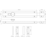 Technical drawing of of Frelan - Jedo Architectural Slide Door Bolts 200x35mm Antique Brass Sku. JV169AB
