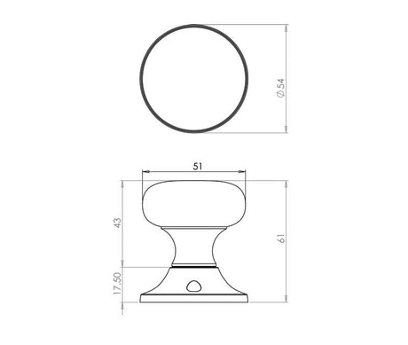 Technical drawing of of Frelan - Jedo Mushroom Mortice Door Knobs 51mm Diameter 51mm Polished Chrome Sku. JV172APC