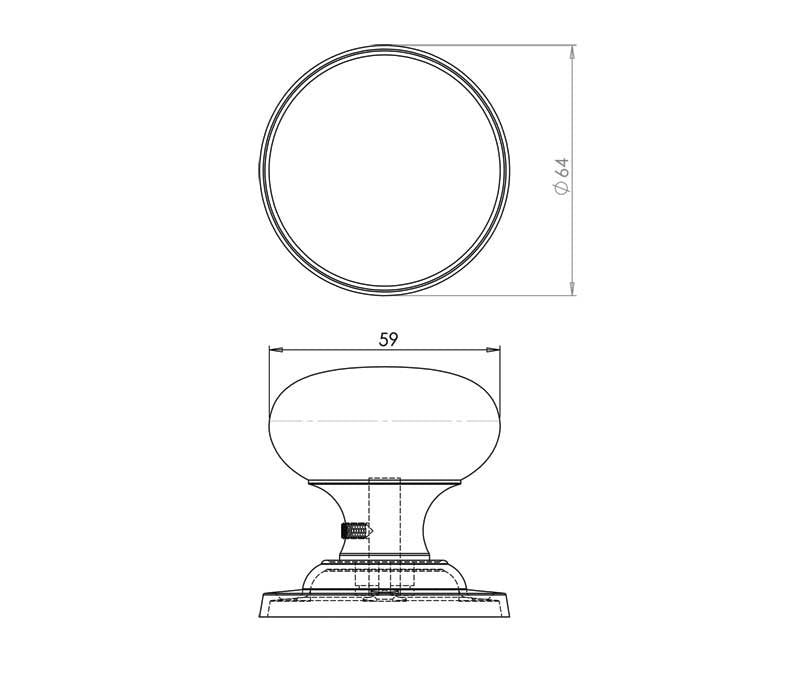 Technical drawing of of Frelan - Jedo Mushroom Mortice Door Knobs 57mm Diameter 57mm Polished Chrome Sku. JV172BPC