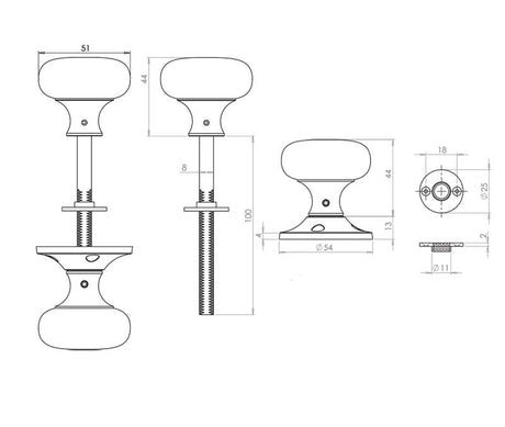 Technical drawing of of Frelan - Jedo Mushroom Rim Door Knobs 50mm Polished Chrome Sku. JV176APC