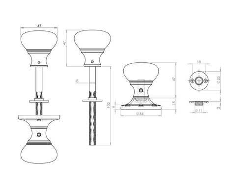 Technical drawing of of Frelan - Contract Rim Door Knob Polished Chrome Sku. JV177PC
