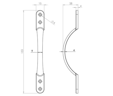 Technical drawing of of Frelan - Jedo Sash Handles 152mm Satin Chrome Sku. JV194CSC