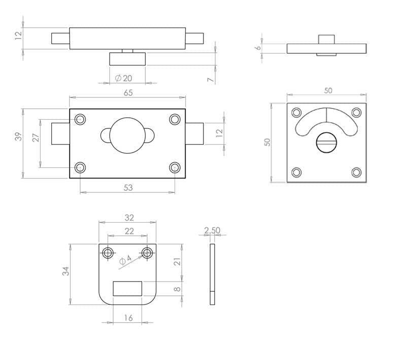 Technical drawing of of Frelan - Jedo Bathroom Indicator Bolt 50x50mm 50x50mm Satin Chrome Sku. JV2552SC