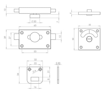 Technical drawing of of Frelan - Jedo Bathroom Indicator Bolt 50x50mm 50x50mm Polished Chrome Sku. JV2552PC