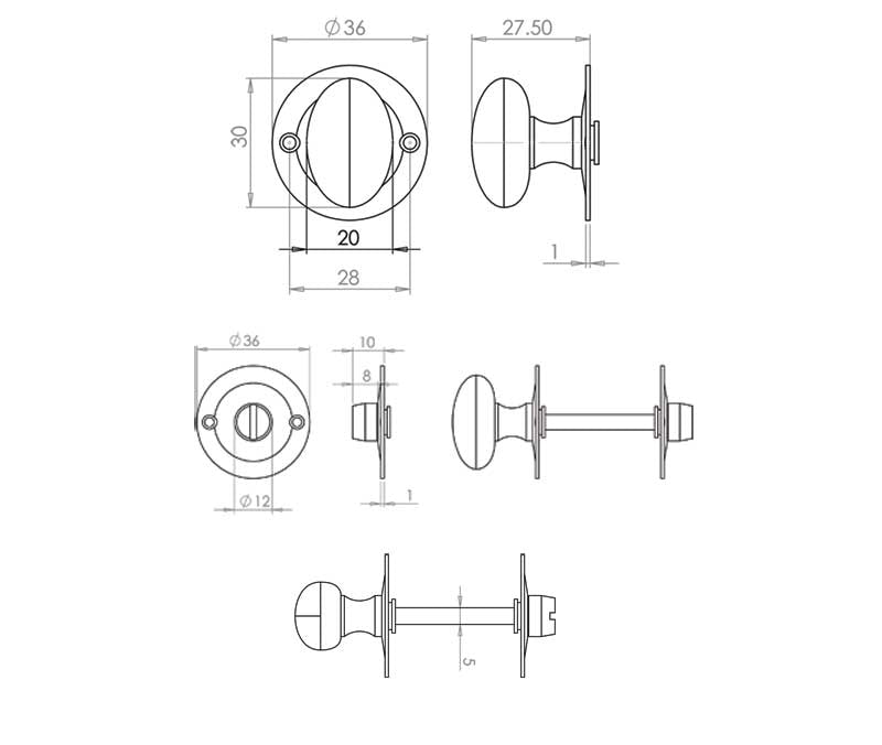 Technical drawing of of Frelan - Jedo Bathroom Turn & Release for use with Deadbolts 5mm spindle Polished Chrome Sku. JV2671PC