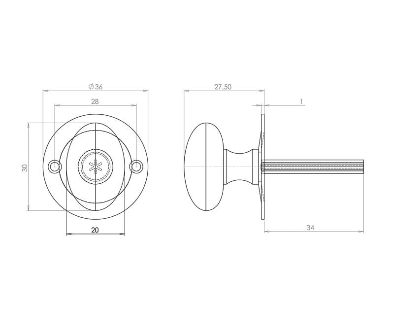 Technical drawing of of Frelan - Jedo Turns for Mortice Rackbolts 50mm Satin Chrome Sku. JV2715SC