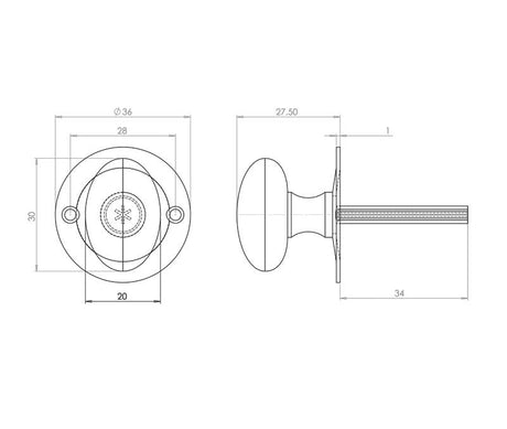 Technical drawing of of Frelan - Jedo Turns for Mortice Rackbolts 50mm Polished Brass Sku. JV2715PB
