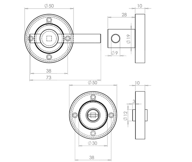 Technical drawing of of Frelan - Jedo Designer Easy Turns & Releases 50mm Round Rose no Indicator Polished Chrome Sku. JV2889PC
