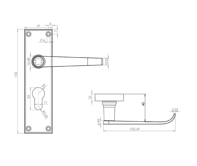 Technical drawing of of Frelan - Victorian Straight Door Handles on Euro Profile Lockplate Polished Brass Sku. JV30EPB