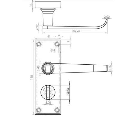 Technical drawing of of Frelan - Victorian Straight Door Handle on Privacy Plate Polished Brass Sku. JV31PRPB