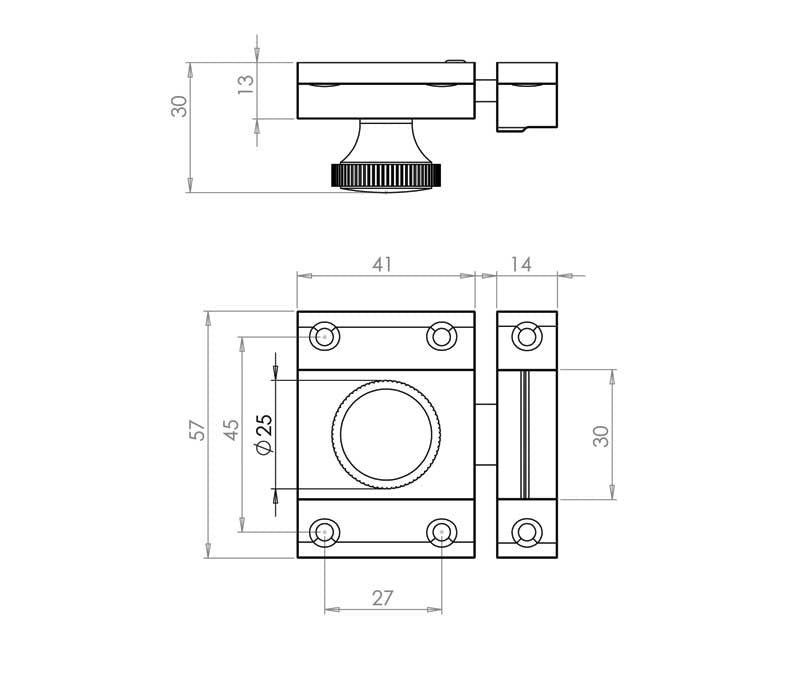 Technical drawing of of Frelan - Jedo Cabinet Catch 56x36mm Satin Chrome Sku. JV360SC