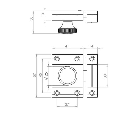 Technical drawing of of Frelan - Jedo Cabinet Catch 56x36mm Polished Chrome Sku. JV360PC