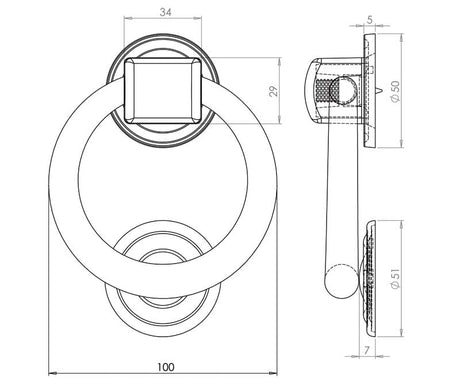 Technical drawing of of Frelan - Jedo Ring Door Knockers 100mm dia Satin Chrome Sku. JV37SC